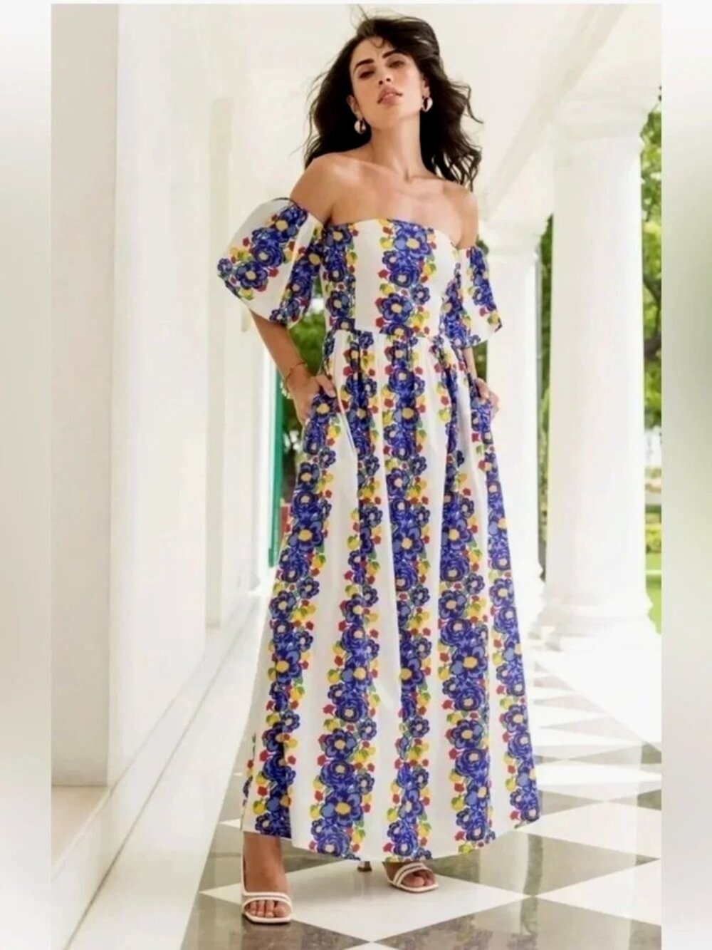 Beyond By Vera Floral Off-the-shoulder Cotton Maxi Dress